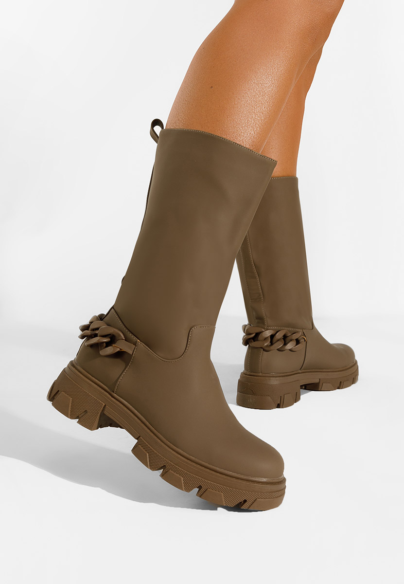 Khaki dámske čižmy bez podpätku Moniva